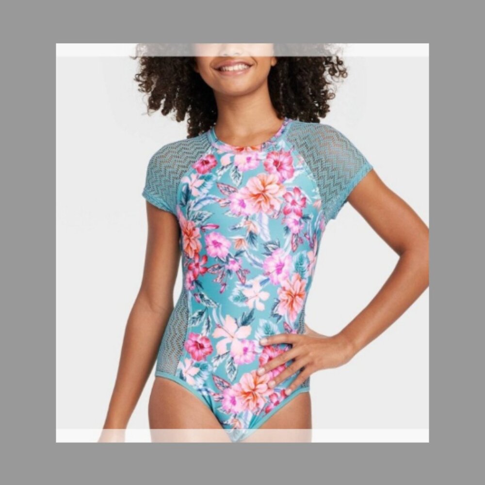 Art Class Girls' Sweet Floral Surf One Piece Swimsuit Sz XS